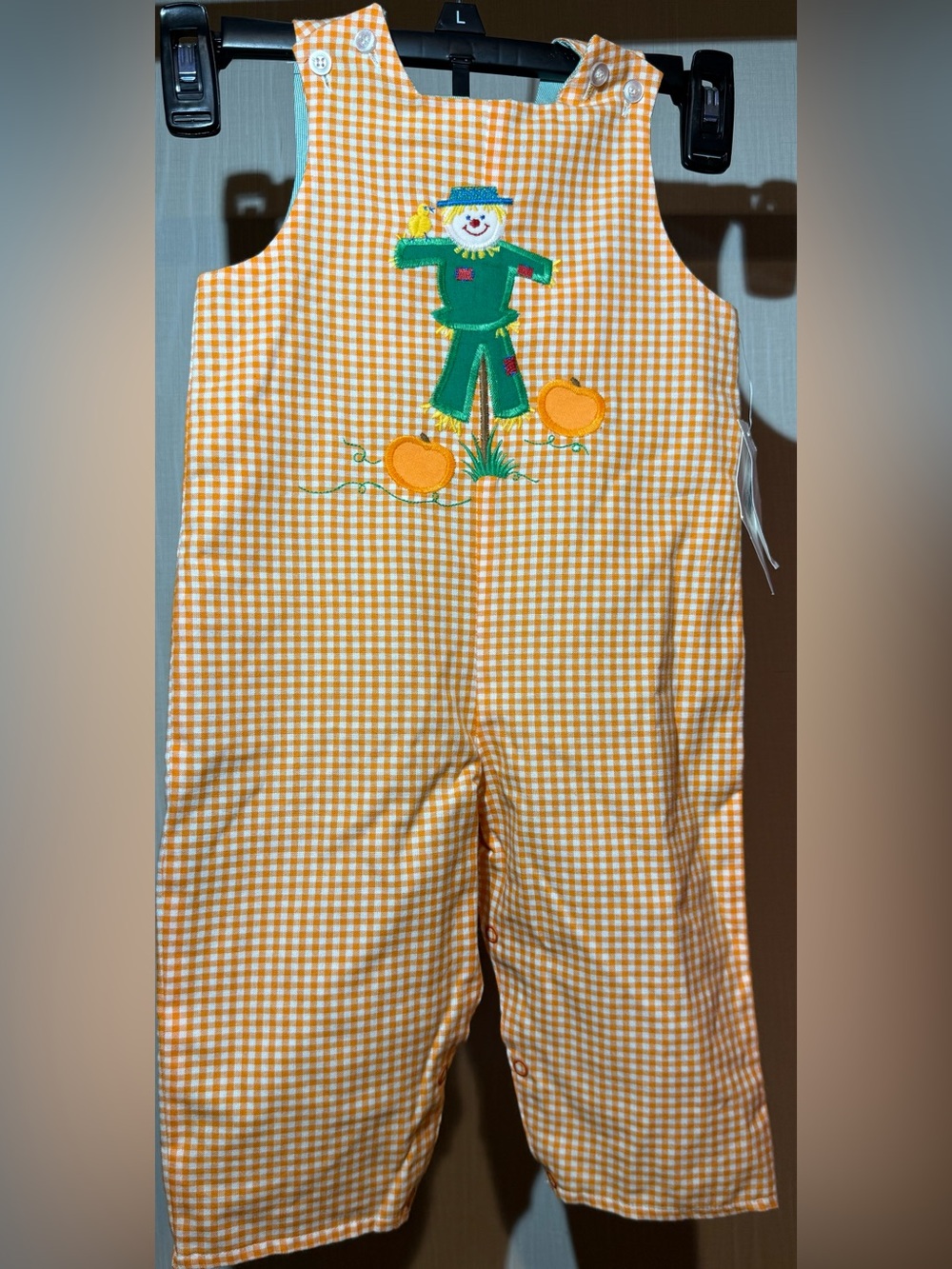 Reversible Yellow Gingham Scarecrow Embroidered Kids One-Piece